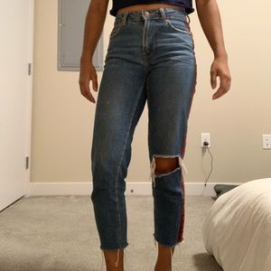 Bershka Slim Straight denim (Distressed, with red stripe down leg)